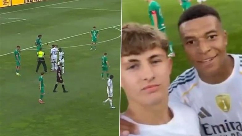 Fan Invades Pitch To Click Selfie With Kylian Mbappe During WSG Tirol vs Real Madrid Club Friendly 2025 in Austria, Frenchman Obliges (Watch Videos)
