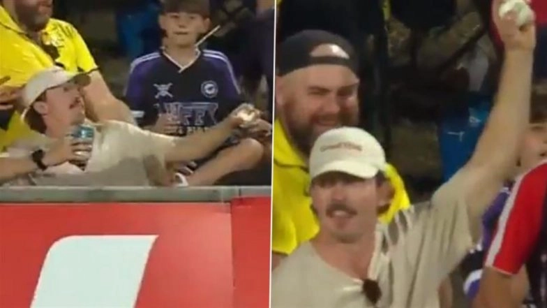 Spectator Takes Stunning One-Handed Catch While Holding Two Cans After Tim David Hits Corbin Bosch for a Six During AUS vs SA 1st T20I 2025 (Watch Video)