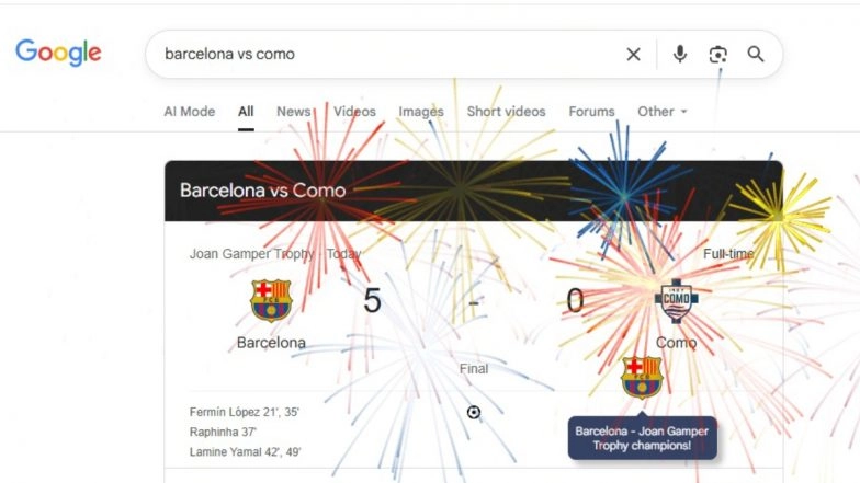 Google Celebrates Barcelona’s Joan Gamper Trophy 2025 Win Over Como With Virtual Fireworks Animation