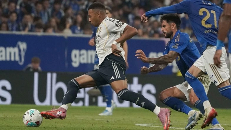 Real Oviedo 0–3 Real Madrid, La Liga 2025–26: Kylian Mbappe Scores Brace, Vinicius Junior on Target As Los Blancos Continue Winning Start (Watch Goal Video Highlights)
