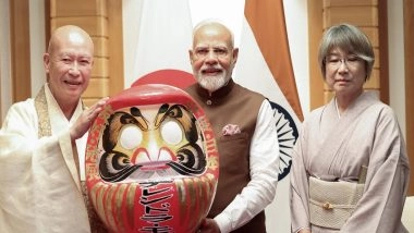PM Narendra Modi Gifted With Traditional Daruma Doll by Shorinzan Daruma-Ji Temple Chief Priest Rev Seishi Hirose During His Japan Visit (See Pic and Video)
