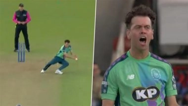 Nathan Sowter Pulls Off Stunning Caught and Bowled Effort To Dismiss Rehan Ahmed During Oval Invincibles vs Trent Rockets The Hundred 2025 Match (Watch Video)
