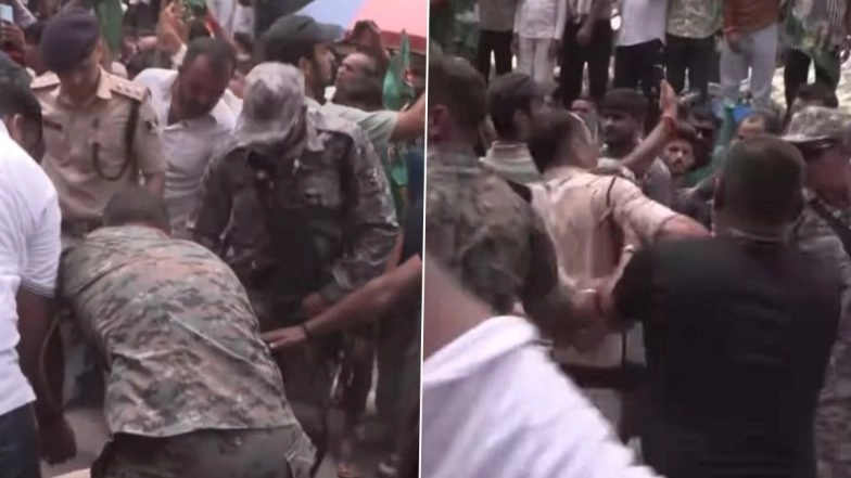 Rahul Gandhi's Car Hits Police Constable During 'Voter Adhikar Yatra' in Bihar's Nawada, Policeman Seeing Limping; Video Surfaces