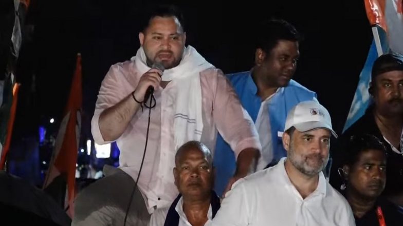 Rahul Gandhi, Tejashwi Yadav Participate in ‘Voter Adhikar Yatra’ in Bihar's Lakhisarai, Protest Against SIR (Watch Videos)