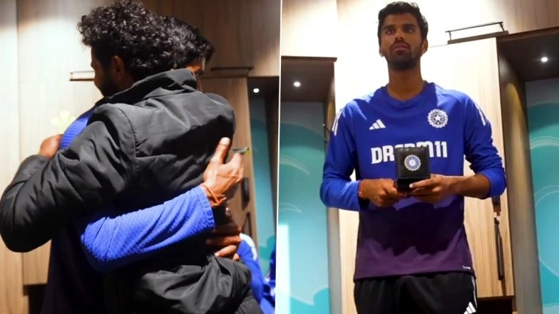 Team India Dressing Room Behind the Scenes Video: Watch Ravindra Jadeja Hand Washington Sundar Impact Player of the Series Medal Following IND vs ENG 5th Test 2025