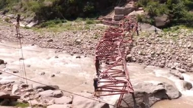 Udhampur Footbridge Collapse: Under-Construction Footbridge Collapses in Jammu and Kashmir Amid Heavy Rainfall (Watch Video)
