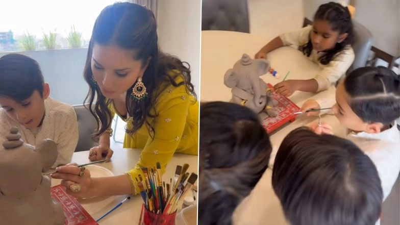 Ganesh Chaturthi 2025: Sunny Leone Shares Heartwarming Family Moment With Kids While Painting Ganesh Idol (Watch Video)