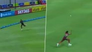 McKenny Clarke Takes Running One-Handed Catch Near Boundary Rope to Dismiss Jewel Andrew During Trinbago Knight Riders vs Antigua and Barbuda Falcons CPL 2025 Match (Watch Video)