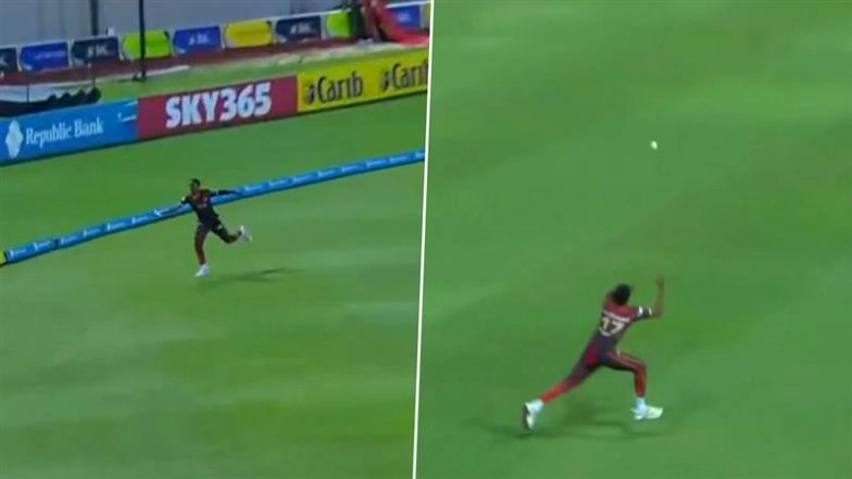 McKenny Clarke Takes Running One-Handed Catch Near Boundary Rope to Dismiss Jewel Andrew During Trinbago Knight Riders vs Antigua and Barbuda Falcons CPL 2025 Match (Watch Video)