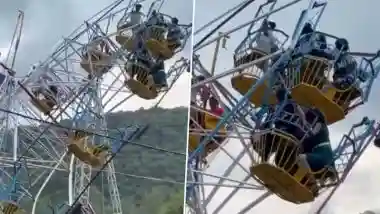 Raisen Navratri Fair Drama: Chaos Erupts As Ferris Wheel Swing Snaps at Khandera Dham Temple, All Riders Safely Rescued; Video Goes Viral