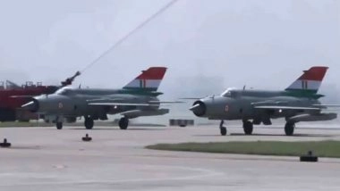 MiG-21 Fighter Jets Receive Final Water Cannon Salute in Chandigarh As They Decommission After 63 Years of Service in Indian Air Force (Watch Video)