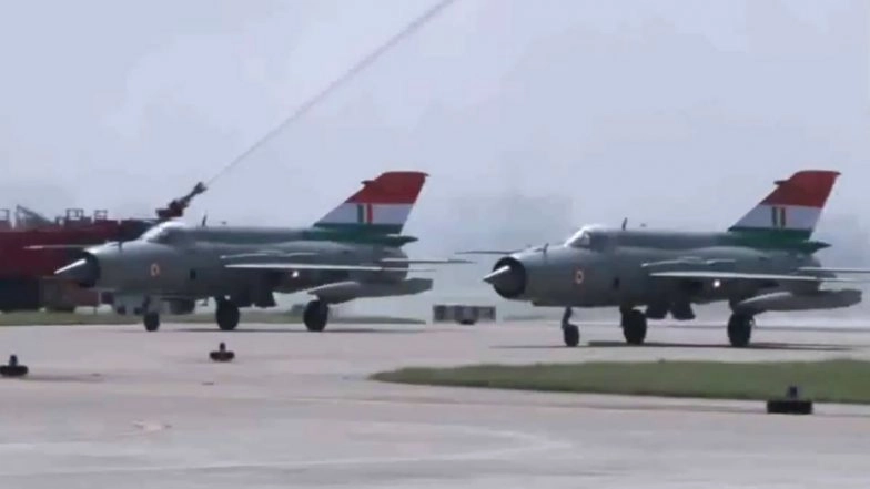 MiG-21 Fighter Jets Receive Final Water Cannon Salute in Chandigarh As They Decommission After 63 Years of Service in Indian Air Force (Watch Video)