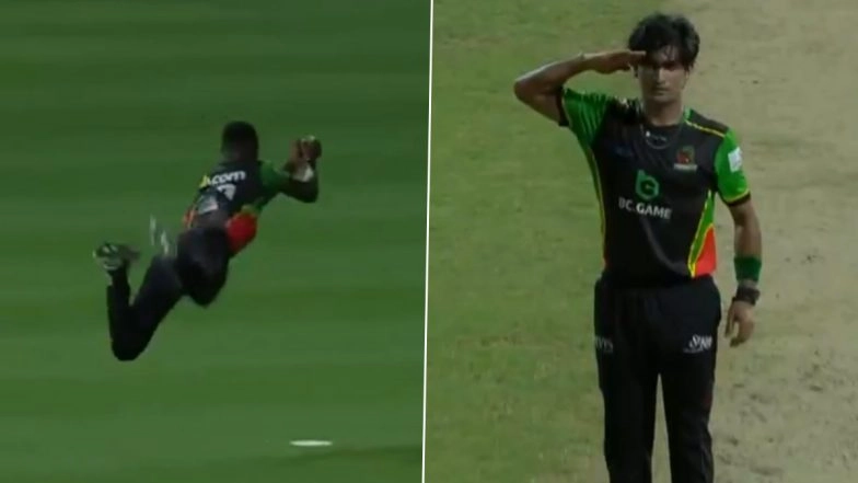 Dominic Drakes Takes Spectacular Flying Catch To Dismiss Kadeem Alleyne, Bowler Naseem Shah Salutes Teammate's Stunning Effort During St Kitts and Nevis Patriots vs Barbados Royals CPL 2025 Match (Watch Video)