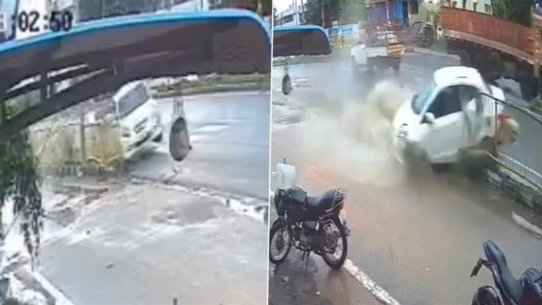 Karimnagar: 4 Injured After Speeding Car Loses Control, Hits Divider and Collides With Railing on Hyderabad-Mancherial Highway in Telangana; CCTV Video Surfaces