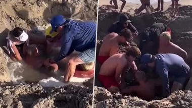 Newport Beach Rescue: Lifeguards Save 2 Kids Buried Waist-Deep After Sand Hole Collapses Near Pier in California, Video Goes Viral