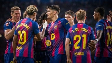 Barcelona 2-1 Real Sociedad, La Liga 2025–26: Jules Kounde, Robert Lewandowski Score as Defending Champions Claim Top Spot in Standings (Watch Goal Video Highlights)