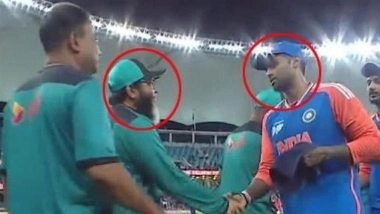 Suryakumar Yadav Shakes Hands With Ex-Pakistan Cricketer and Bangladesh Spin Bowling Coach Mushtaq Ahmed During IND vs BAN Asia Cup 2025 Super 4 Match, Fans React