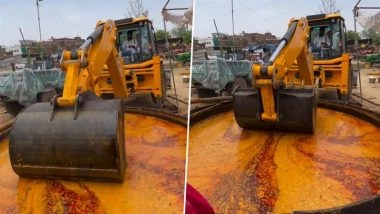JCB Turns Into Giant Cooking Ladle, Stirs Huge Vessel of Daal Makhani at Dandraua Dham, Video Goes Viral