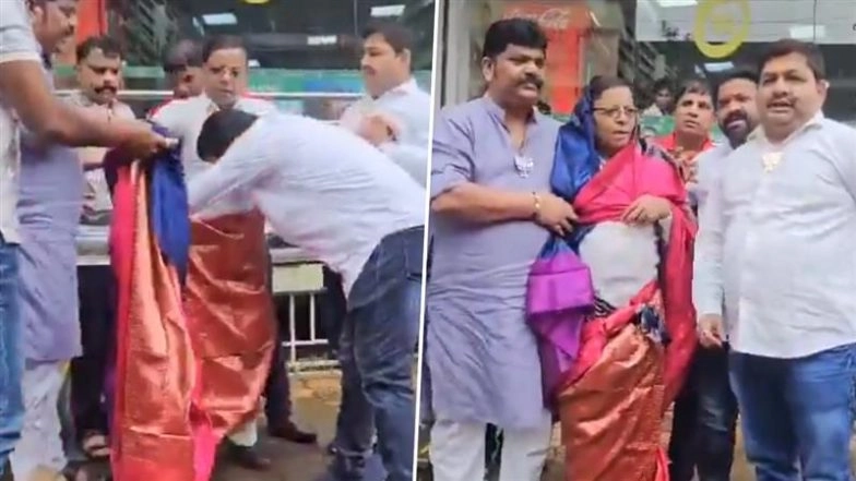 Congress Leader Prakash Pagare Forced To Wear Saree by BJP Workers for Morphing PM Narendra Modi’s Image in Dombivali Near Mumbai, Video Surfaces