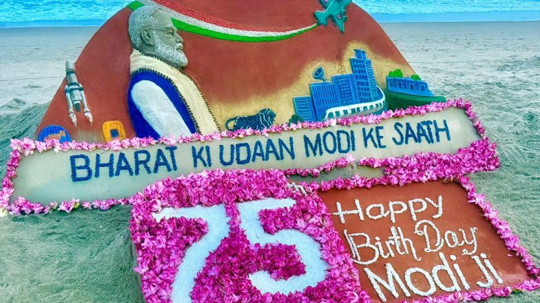 PM Modi Birthday 2025: Sudarsan Pattnaik Creates Magnificent Sand Sculpture of Narendra Modi With 750 Lotus Installation at Puri Beach in Odisha on PM’s 75th Birthday (See Pics and Video)