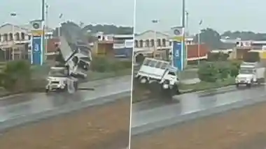 Accident Caught on Camera on Pune-Solapur National Highway: Tempo Loses Control, Crosses Divider and Collides Head-On With Another Vehicle Near Vakhari Village, 1 Killed; Video Surfaces