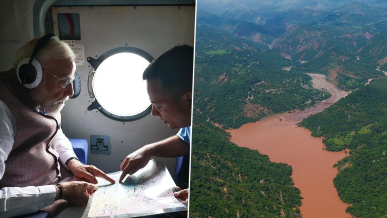 PM Narendra Modi Conducts Aerial Survey of Areas Affected by Cloudbursts, Rain and Landslides in Himachal Pradesh; Announces Financial Aid (See Pics)
