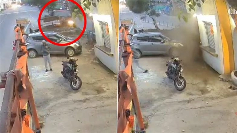 Hyderabad: Man Narrowly Escapes As Speeding Septic Tanker Overturns After Crashing Into Temple Wall in Uppal, CCTV Video Surfaces