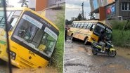 Bengaluru School Bus With 20 Children Onboard Nearly Topples After Slipping Into Pothole on Panathur Main Road; Video Shows Narrow Escape as Locals Rush to Rescue Students