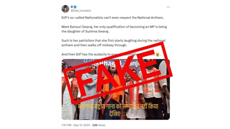 Did Bansuri Swaraj Show Disrespect by Walking Off During the National Anthem? Incomplete Video Shared To Spread False Narrative About BJP MP, Here&rsquo;s the Truth