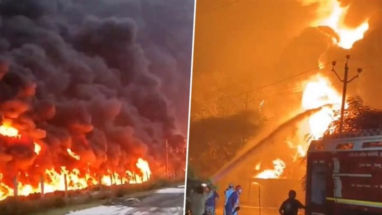 Gujarat Fire: Massive Blaze Engulfs Sanghvi Organics Pvt Ltd in Bharuch, Multiple Fire Tenders Rush to Scene (Watch Video)