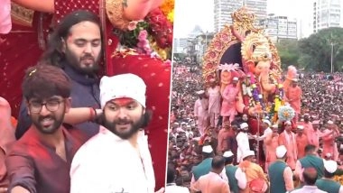 Lalbaugcha Raja Visarjan 2025: Lalbaugcha Raja Ganesh Idol Taken for Immersion at Mumbai’s Girgaon Chowpatty Amid Emotional Farewell by Thousands of Devotees (Watch Videos)