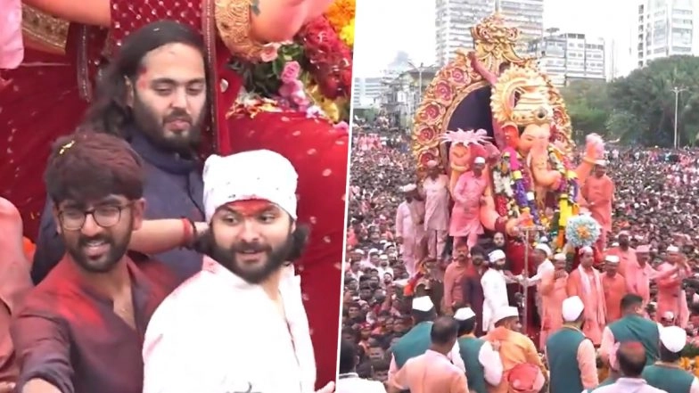 Lalbaugcha Raja Visarjan 2025: Lalbaugcha Raja Ganesh Idol Taken for Immersion at Mumbai’s Girgaon Chowpatty Amid Emotional Farewell by Thousands of Devotees (Watch Videos)