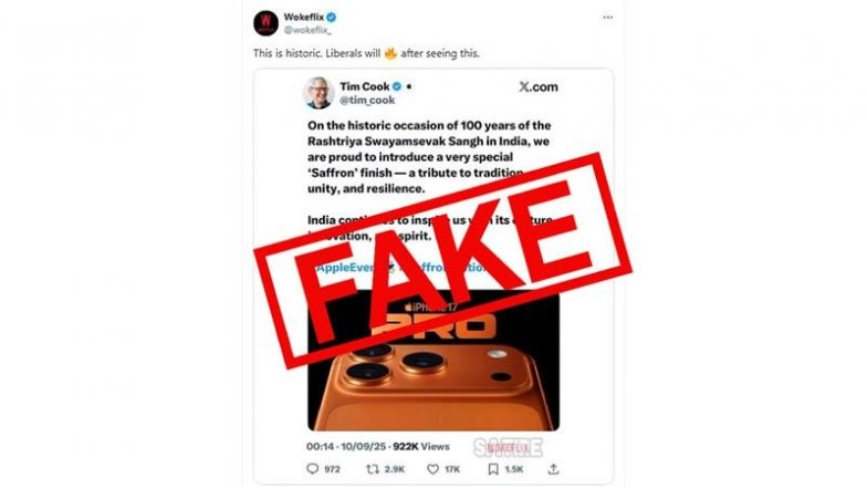 iPhone 17 Pro in Saffron Colour To Mark 100 Years of RSS? Fact Check Busts Viral Fake Post Attributed to Apple CEO Tim Cook