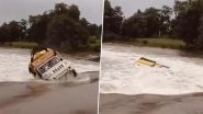 Dhar: Pickup Truck Laden With Cement, Fertiliser and Iron Swept Away by Torrential River in MP, 4 Passengers Narrowly Escape Death by Swimming Through Strong Current (Watch Video)