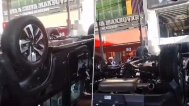 Delhi: Newly Purchased Mahindra Thar Plunges From Nirman Vihar Showroom’s First Floor During Lemon-Squeezing Ritual After Buyer Accidentally Hits the Accelerator (Watch Video)
