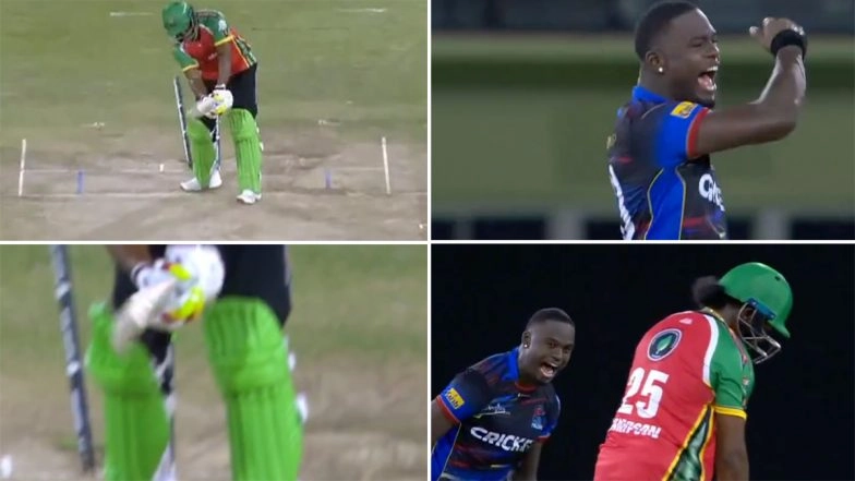 Jayden Seales Knocks Over Quentin Sampson With A Perfect Yorker To Claim Four-Wicket Haul During Guyana Amazon Warriors vs Antigua and Barbuda Falcons CPL 2025 Match (Watch Video)