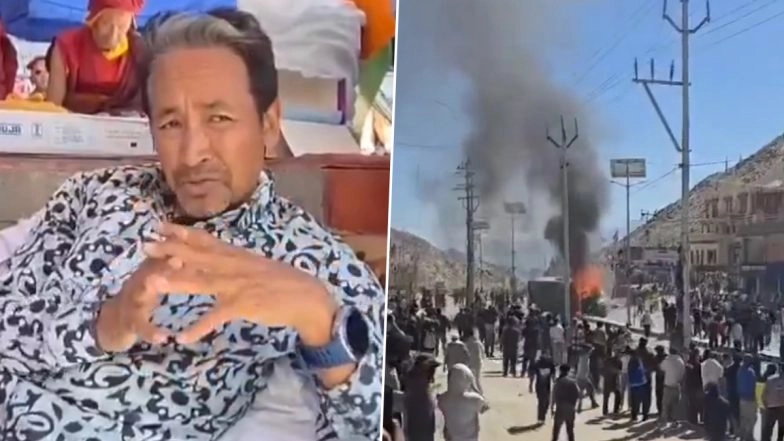 Ladakh Statehood Demand: Sonam Wangchuk Appeals for Peace After BJP Office Set on Fire, Multiple Vehicles Torched As Protests Turn Violent in Leh (Watch Videos)