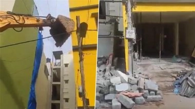 Leaning Tower of Bengaluru! Illegal 5-Storey Building Tilts in Jakkasandra, Residents Panic as Officials Scramble for Safe Demolition (Watch Video)
