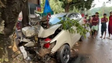 Malappuram Road Accident: 1 Killed, 3 Critically Injured After Car Loses Control and Hits Tree in Kerala’s Wandoor; Videos of Damaged Vehicle Surface