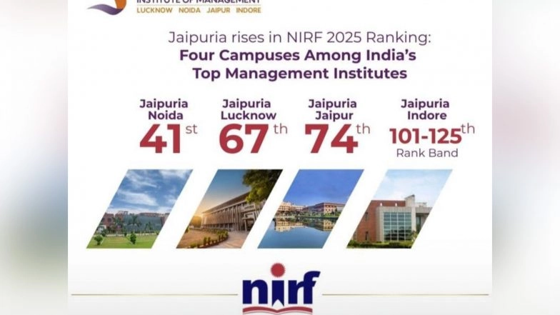 Business News | Jaipuria Institute of Management Rises in NIRF 2025 Rankings: Four Campuses Among India's Top Management Institutes