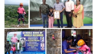Business News | India's Youngest Trailblazer: 6-Year-Old Thevaky Sets World Record in 155-Foot Blindfolded Rappelling