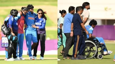 Arundhati Reddy Suffers Freak Leg Injury During IND-W vs ENG-W Warm-Up Match, Taken Off the Field on Wheelchair Days Ahead of ICC Women's World Cup 2025 (Watch Video)