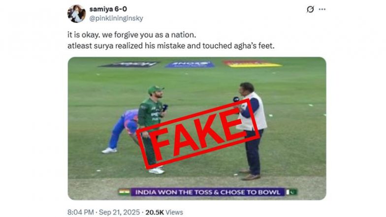 Fact Check: Did Suryakumar Yadav Touch Pakistan Captain Salman Ali Agha’s Feet During Toss of IND vs PAK Asia Cup 2025 Super 4 Match? Here's Truth
