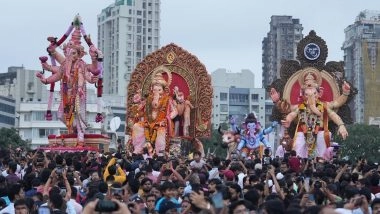 Ganesh Visarjan 2025: Grand Farewell to Ganapati Bappa Amid Huge Processions in Mumbai (Watch Videos)