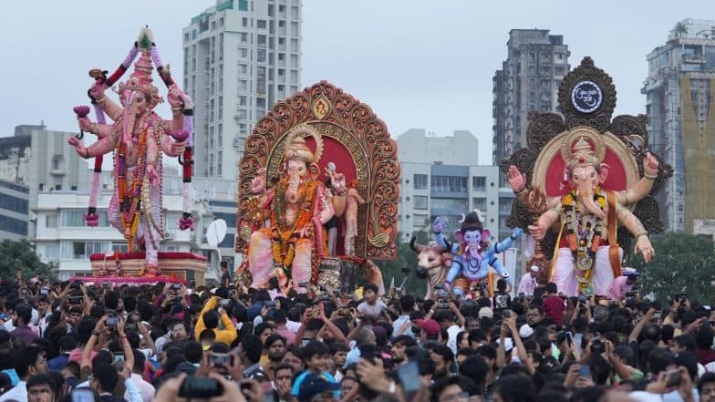 Ganesh Visarjan 2025: Grand Farewell to Ganapati Bappa Amid Huge Processions in Mumbai (Watch Videos)