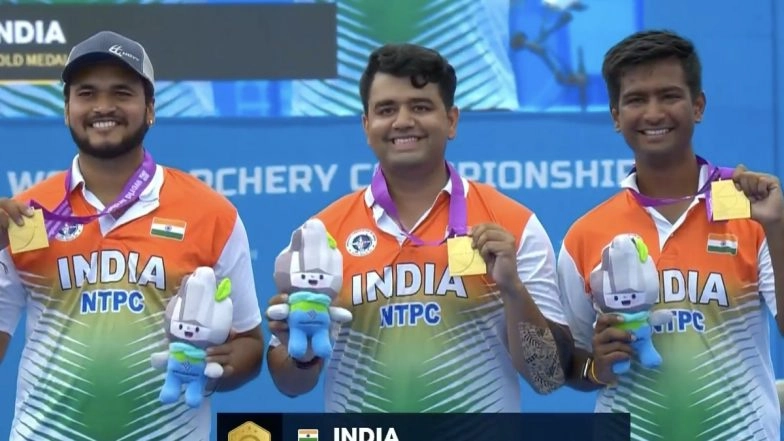 India Win First-Ever Gold Medal in Men’s Compound Team Event at World Archery Championships; Rishabh Yadav, Aman Saini and Prathamesh Fuge Star in Victory Over France in Final