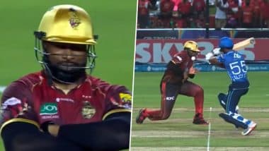 ‘Man of Steel’ Kieron Pollard Stands Tall After Copping a Blow to His Helmet Grill During Trinbago Knight Riders vs St Lucia Kings CPL 2025 Match (Watch Video)