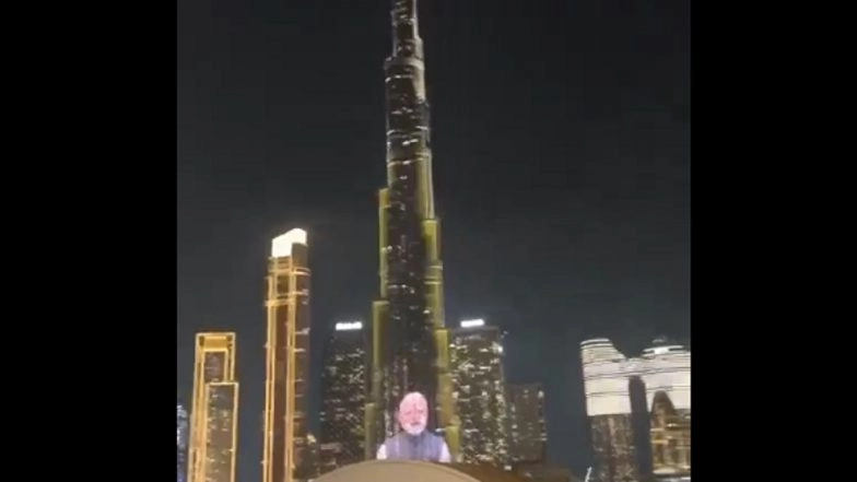 Narendra Modi Honoured by Burj Khalifa: World's Tallest Building Illuminates With PM Modi's Pictures and Colours of Indian National Flag on His 75th Birthday, Video Surfaces