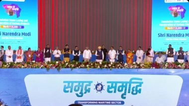 PM Narendra Modi Inaugurates, Lays Foundation Stone for INR 34,200 Crore Development Projects at ‘Samudra Se Samriddhi’ Event in Gujarat’s Bhavnagar (Watch Video)