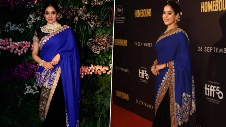 ‘Homebound’ Screening: Janhvi Kapoor Dazzles in Late Mother Sridevi’s Blue Saree With Golden Embroidery (View Pics)